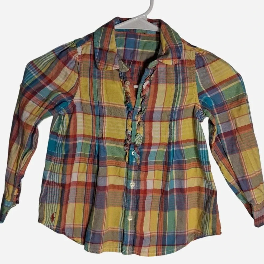 Girls Ralph Lauren Multi-colored plaid button-up blouse with ruffles